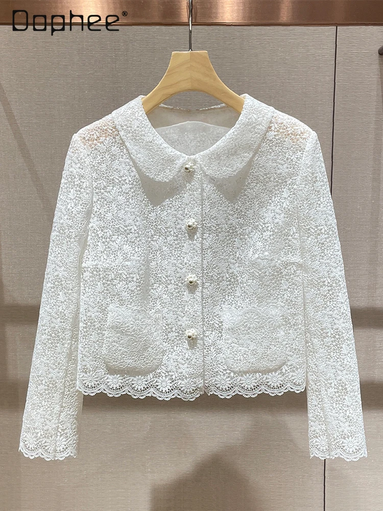 French Sweet Lace Short Coat Women Spring New Temperament Socialite High Sense Doll Collar Hollow Out Fashion Commuter Jackets
French Sweet Lace Short Coat Women Spring New Temperament Socialite High Sense Doll Collar Hollow Out Fashion Commuter Jackets