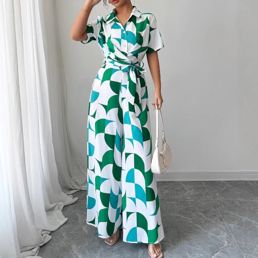 Women Jumpsuits Print Short Sleeve Wide Leg Pants Overalls One Piece Rompers High Waist Lace Up Spliced Elegant Summer 2025
Women Jumpsuits Print Short Sleeve Wide Leg Pants Overalls One Piece Rompers High Waist Lace Up Spliced Elegant Summer 2025