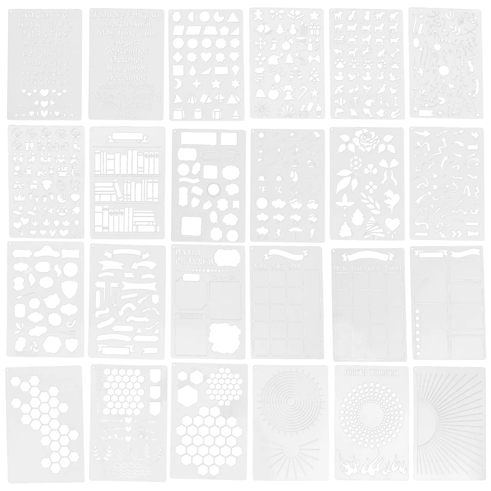 24Pcs Hollow Painting Stencils Multipurpose Drawing Templates DIY Accessories for Journaling Scrapbook Crafts Drawing Templates
24Pcs Hollow Painting Stencils Multipurpose Drawing Templates DIY Accessories for Journaling Scrapbook Crafts Drawing Templates