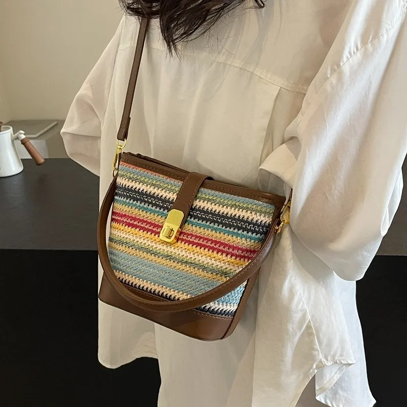 Summer Popular Rainbow Woven Crossbody Bag for Women 2026 New Seaside Beach Vacation Straw Female Shoulder Bucket Bag
Summer Popular Rainbow Woven Crossbody Bag for Women 2026 New Seaside Beach Vacation Straw Female Shoulder Bucket Bag