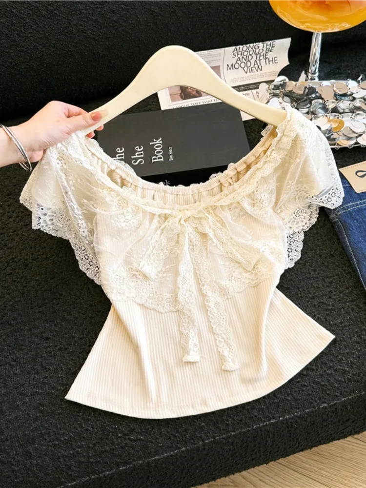 Cherry Blossom Lace Trim Short T-Shirt Women's Summer New Style Slimming Belted One Shoulder Top Fashionable And Elegant
Cherry Blossom Lace Trim Short T-Shirt Women's Summer New Style Slimming Belted One Shoulder Top Fashionable And Elegant