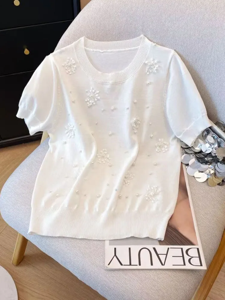 Vintage Knit Sweater Tops Women Summer Beading Short Sleeve O-neck Knitwear Tees Stylish Chic Fashion Ladies Jumpers Knitwear
Vintage Knit Sweater Tops Women Summer Beading Short Sleeve O-neck Knitwear Tees Stylish Chic Fashion Ladies Jumpers Knitwear