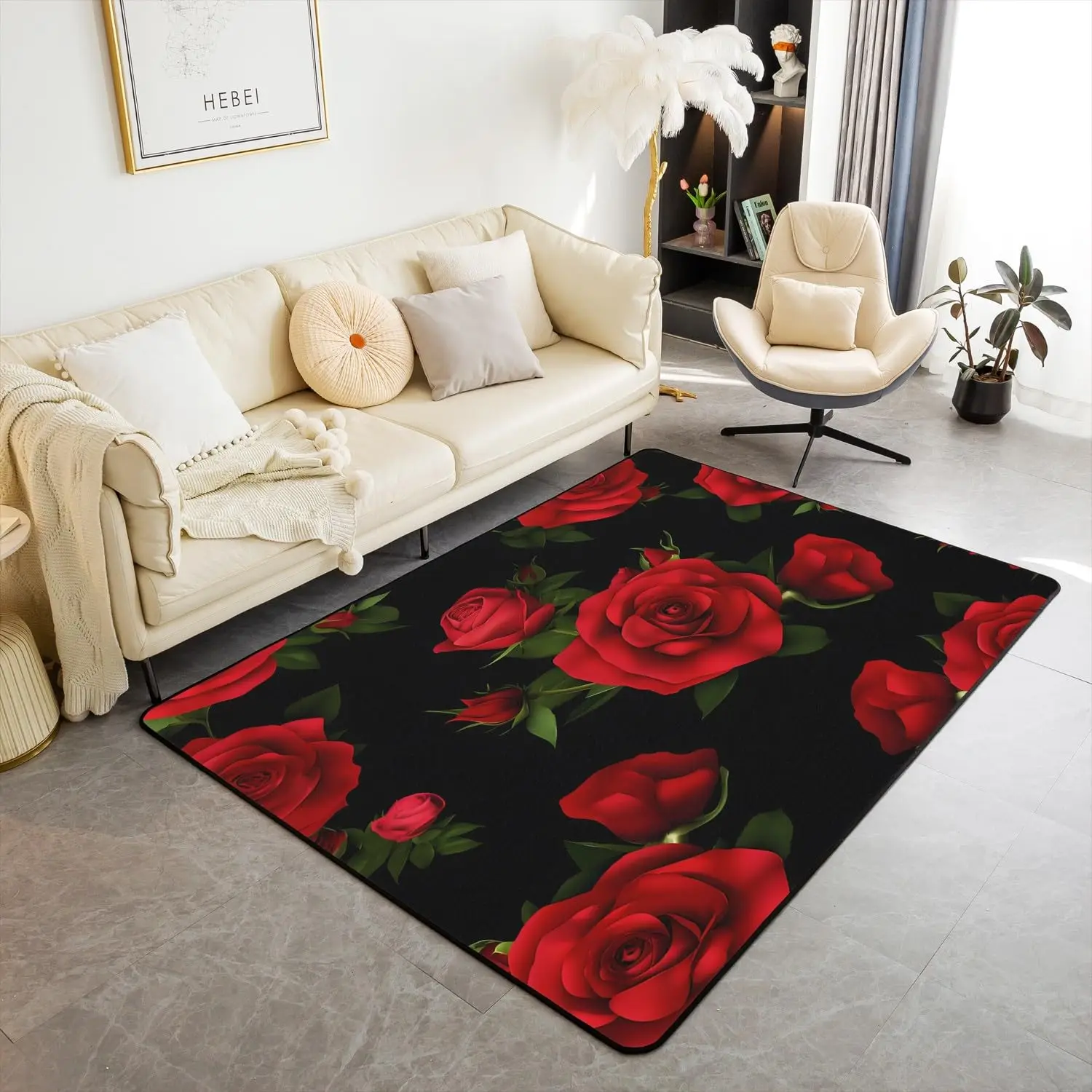 Luxury Red Rose Bouquet Rug Black Background Realistic Blooms and Green Leaves Design
Luxury Red Rose Bouquet Rug Black Background Realistic Blooms and Green Leaves Design