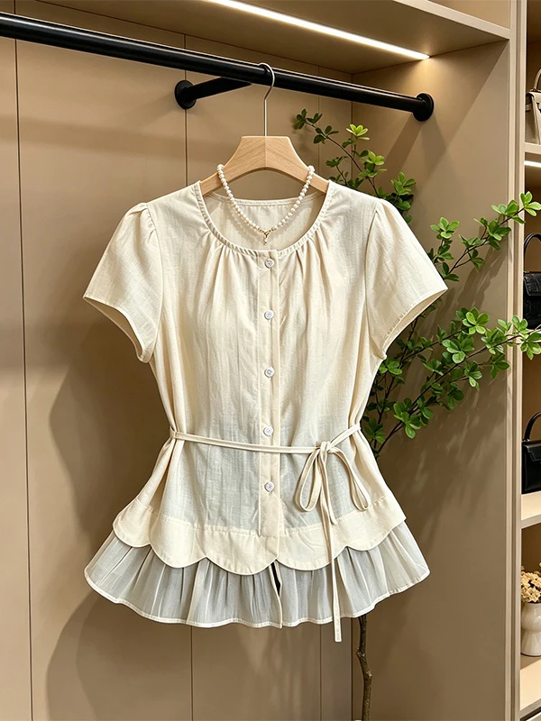 plus Size Women's Shirt Chiffon Waist Cinching Belted Short Sleeve Top Korean Style Commute Fashion Casual Color
plus Size Women's Shirt Chiffon Waist Cinching Belted Short Sleeve Top Korean Style Commute Fashion Casual Color