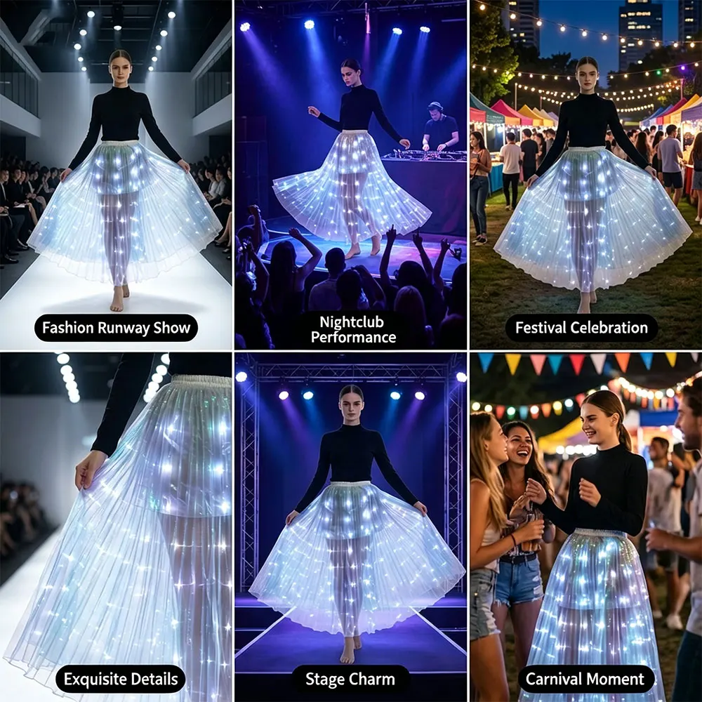 LED skirt, pleated dance skirt, elegant transparent white light celebration performance costume for the stage.
LED skirt, pleated dance skirt, elegant transparent white light celebration performance costume for the stage.
