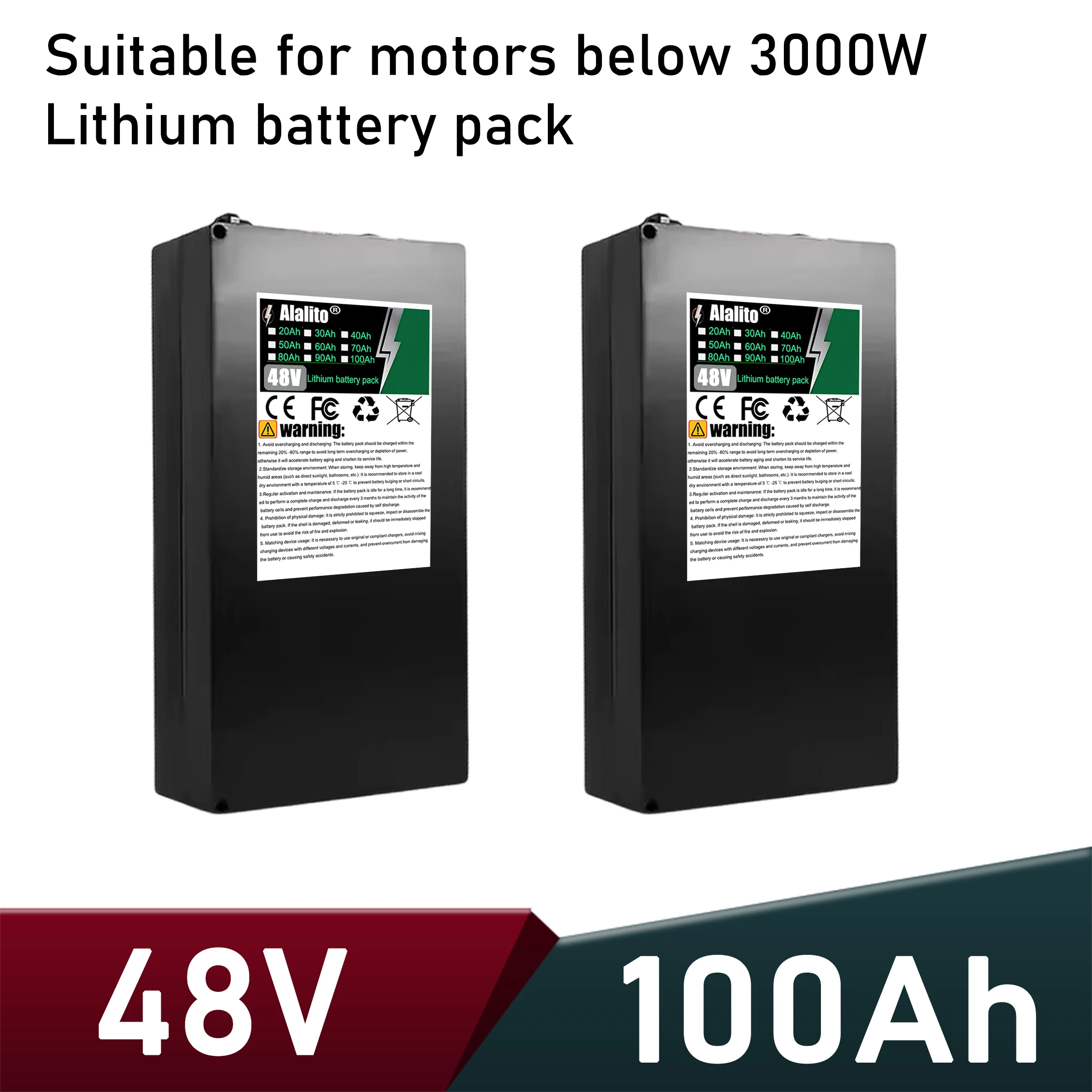 Suitable for motors below 3000W, 48V 20Ah-100Ah lithium battery pack, full capacity lithium battery, air freight
Suitable for motors below 3000W, 48V 20Ah-100Ah lithium battery pack, full capacity lithium battery, air freight
