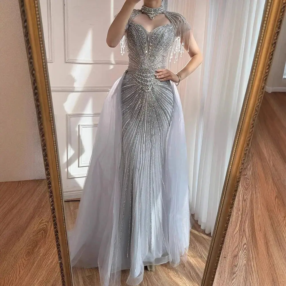 Customized Luxury Full of Beads Mermaid Prom Dresses Exquisite Evening Dresses with Removable Overskirt Beaded Tassel Gowns
Customized Luxury Full of Beads Mermaid Prom Dresses Exquisite Evening Dresses with Removable Overskirt Beaded Tassel Gowns