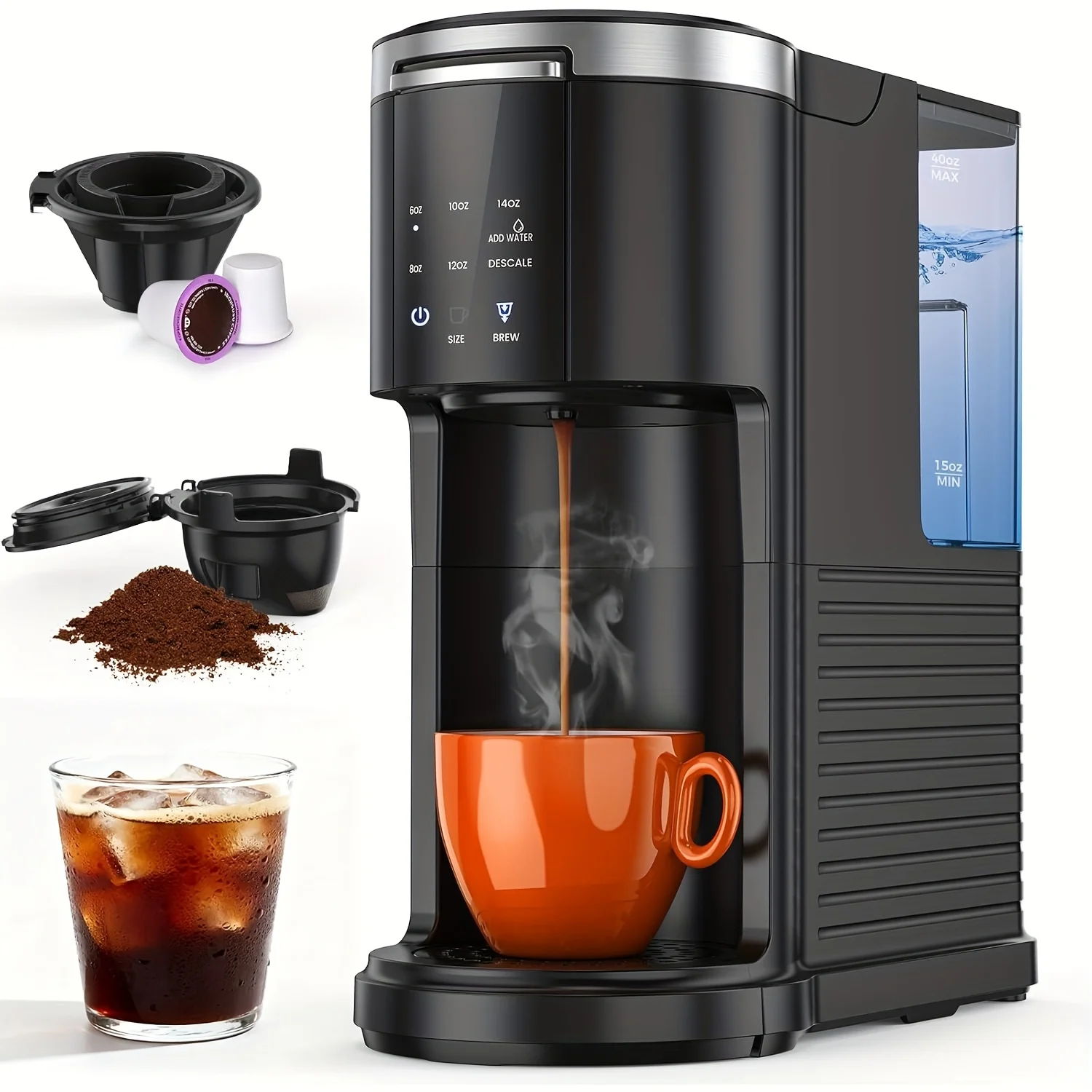 Compact Coffee Machine for K Cups And Ground Coffee, Offering Brew Sizes from 6 to 14 Ounces, with a 40-Ounce Removable Water Ta
Compact Coffee Machine for K Cups And Ground Coffee, Offering Brew Sizes from 6 to 14 Ounces, with a 40-Ounce Removable Water Ta