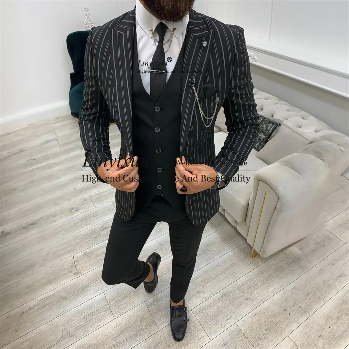 Black Strip Men Suits Notched Lapel Groom Wedding Tuxedo 3 Pieces Sets Business Male Party Blazers Slim Fit Office Costume Homme
Black Strip Men Suits Notched Lapel Groom Wedding Tuxedo 3 Pieces Sets Business Male Party Blazers Slim Fit Office Costume Homme