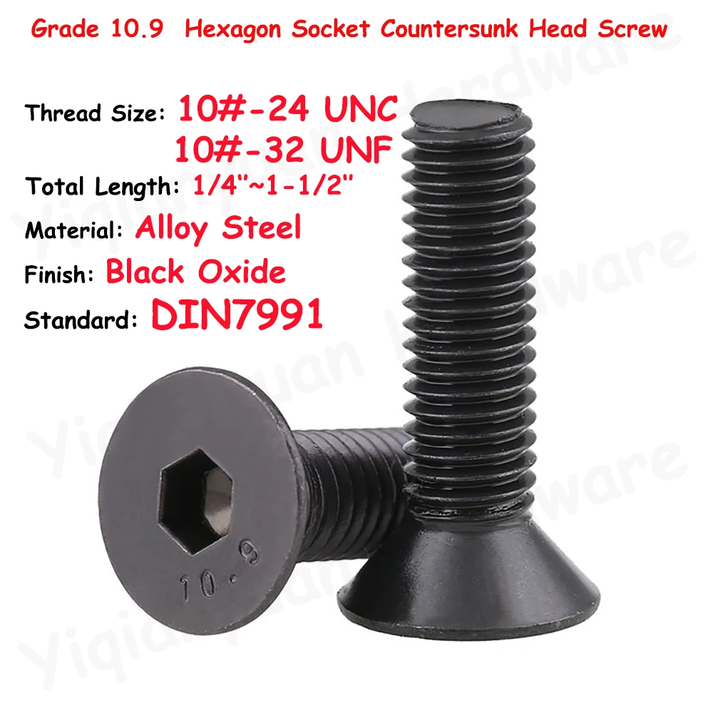 DIN7991 10#-24 UNC 10#-32 UNF Thread Grade 10.9 Alloy Steel Hexagon Socket Countersunk Head Cap Screw Black Allen Key Flat Bolts
DIN7991 10#-24 UNC 10#-32 UNF Thread Grade 10.9 Alloy Steel Hexagon Socket Countersunk Head Cap Screw Black Allen Key Flat Bolts