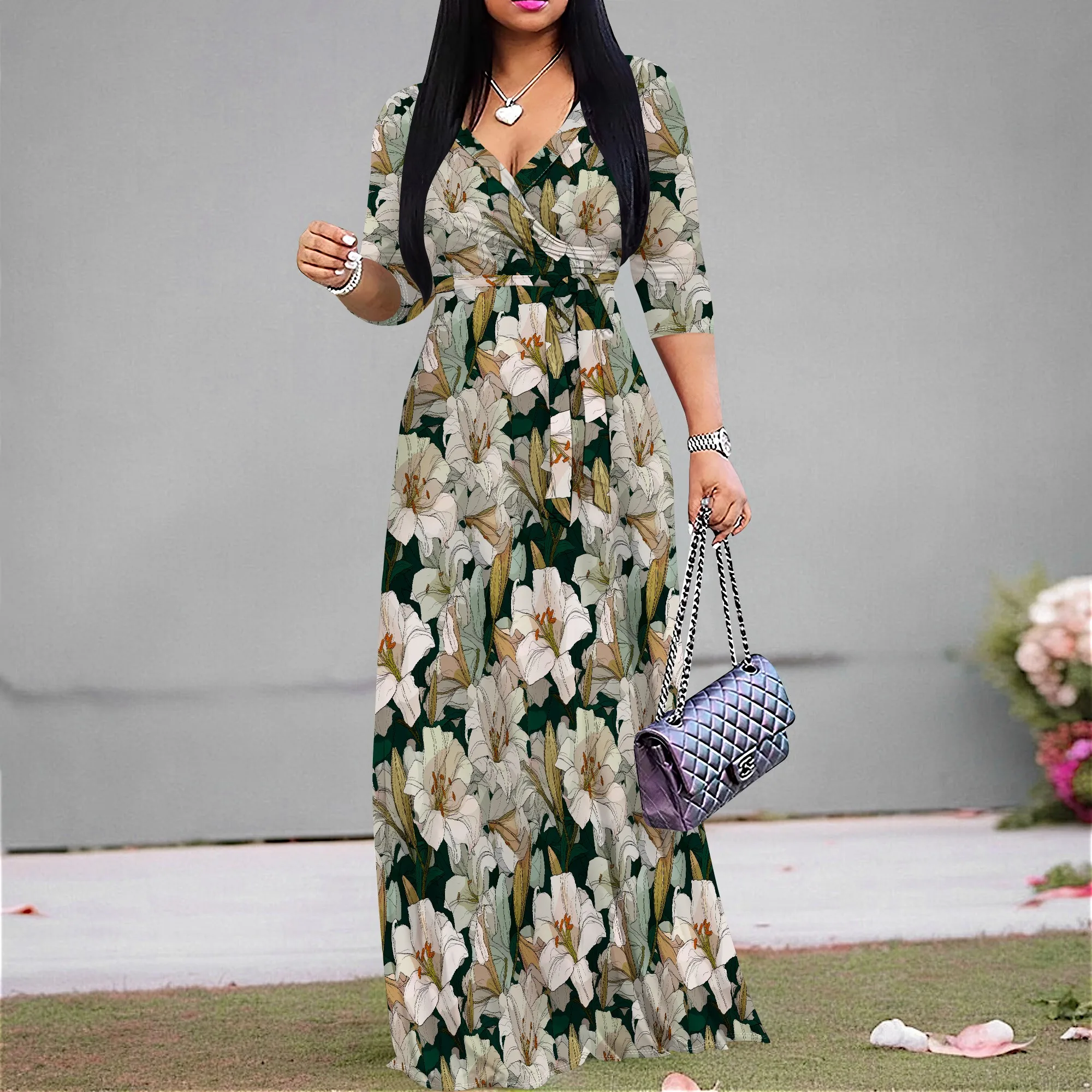 Elegant Floral Print Maxi Dress for Women Plus Size S-2XL V-Neck Tie Waist for Wedding, Church, or Formal Event
Elegant Floral Print Maxi Dress for Women Plus Size S-2XL V-Neck Tie Waist for Wedding, Church, or Formal Event