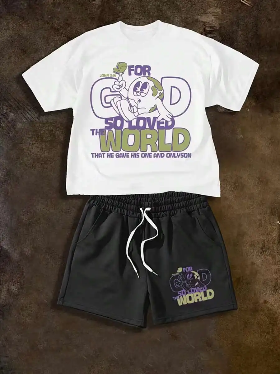 Crew Neck Cotton Short Sleeve T-Shirt With Religious Quote Print And Drawstring Polyester Shorts
Crew Neck Cotton Short Sleeve T-Shirt With Religious Quote Print And Drawstring Polyester Shorts