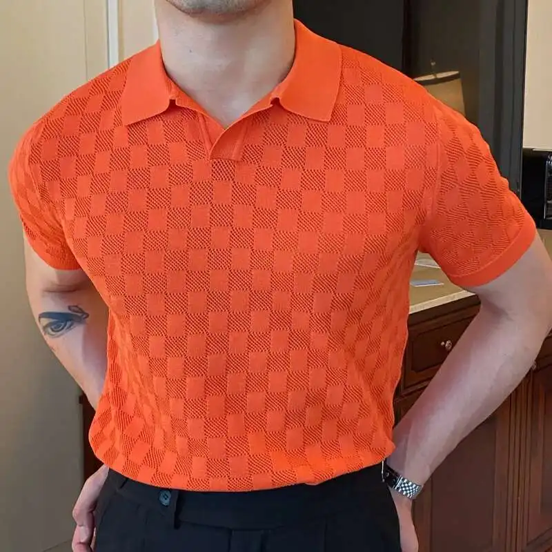 Summer Men Jacquard Plaid Short Sleeve Polo Shirt Casual Lapel T-shirt High Quality Contrast Color Tee Tops Business Men Orange
Summer Men Jacquard Plaid Short Sleeve Polo Shirt Casual Lapel T-shirt High Quality Contrast Color Tee Tops Business Men Orange