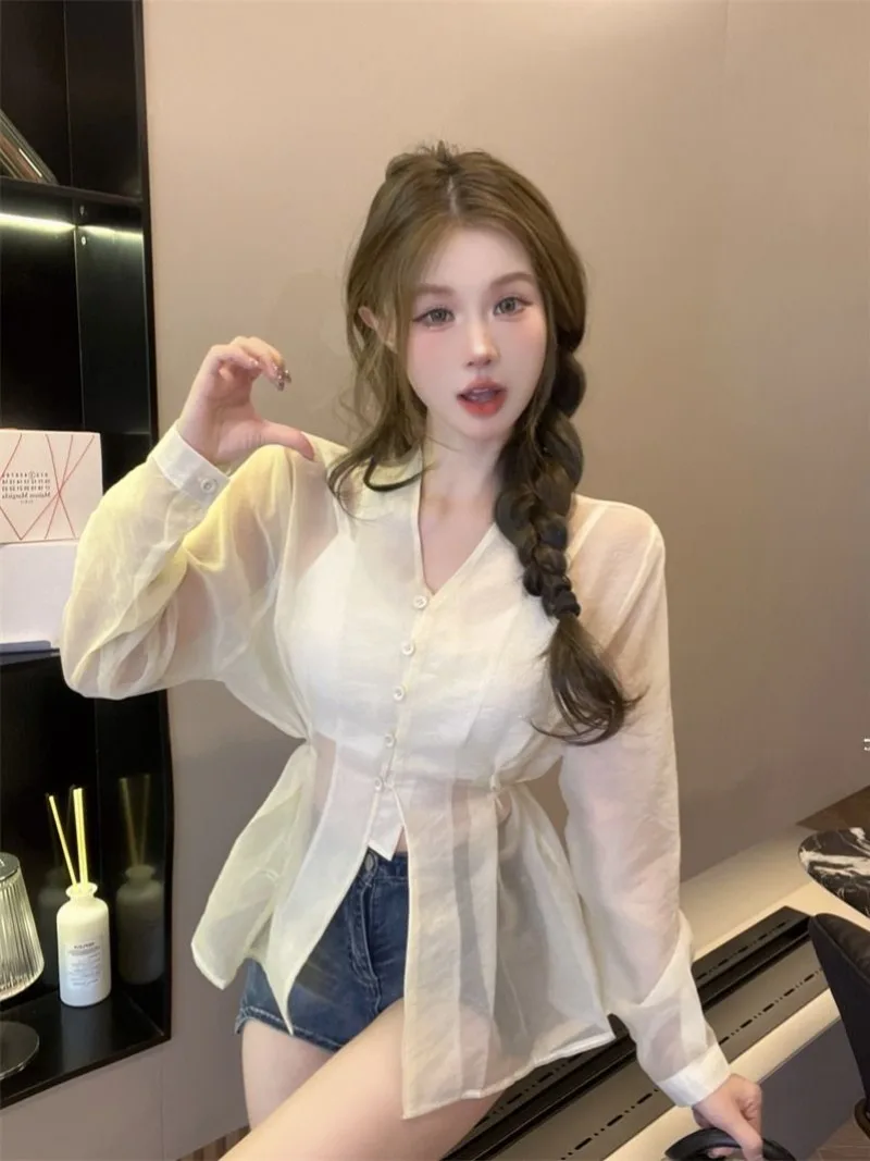 Hmsevenjz Thin Transparent Shirt for Women's Summer Irregular Bubble Sleeves V-neck Sun Protection Shirt Fashion Female Clothes
Hmsevenjz Thin Transparent Shirt for Women's Summer Irregular Bubble Sleeves V-neck Sun Protection Shirt Fashion Female Clothes