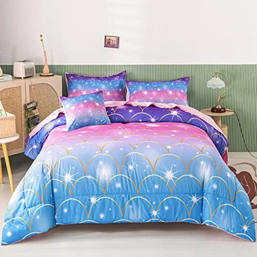 6Pcs Teal Pink Sparkle Comforter Sets for Girls, Polyester Ombre Pastel Fish Scale Bedding with 3D Rainbow Glitter and Soft Com
6Pcs Teal Pink Sparkle Comforter Sets for Girls, Polyester Ombre Pastel Fish Scale Bedding with 3D Rainbow Glitter and Soft Com