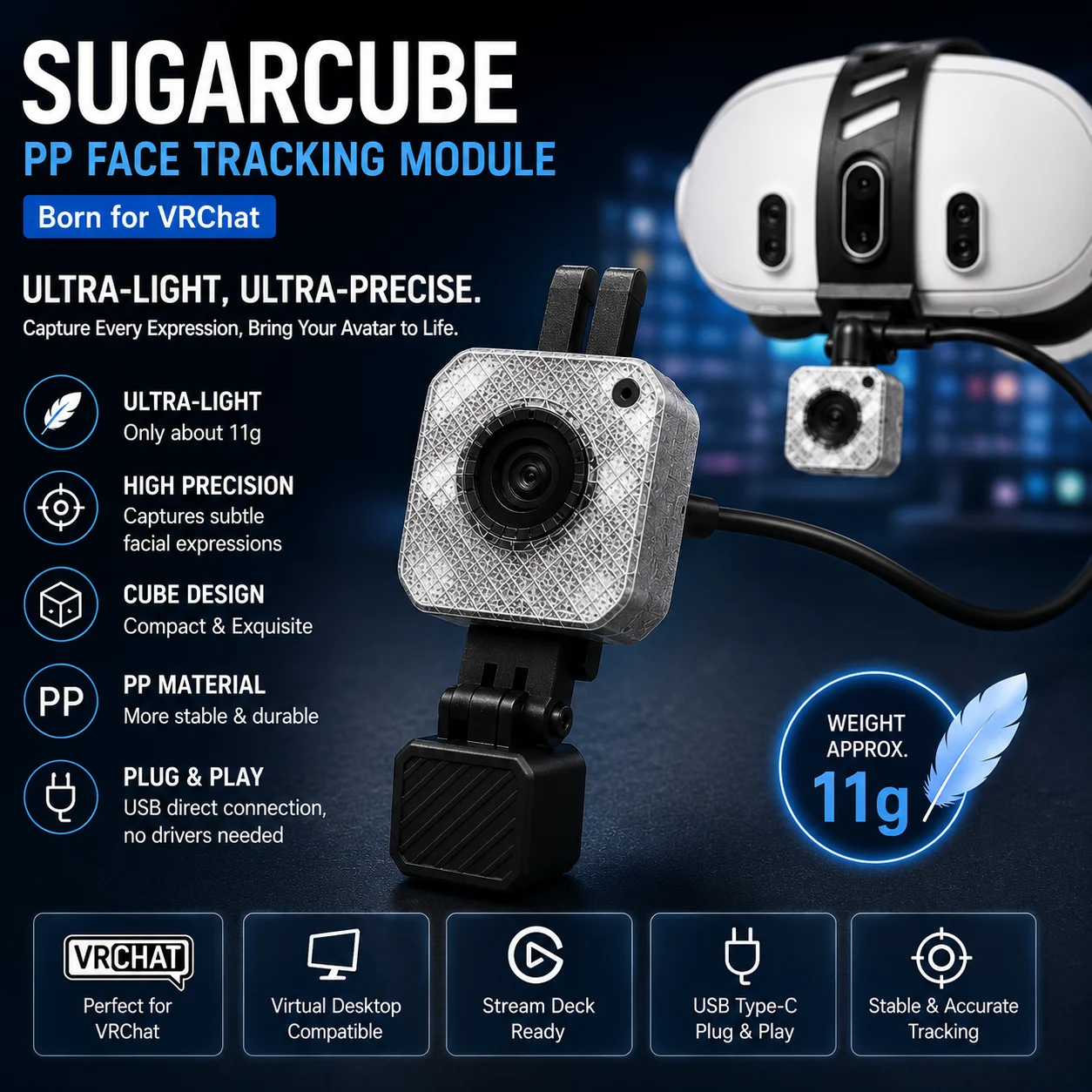 New Sugar Cube Face Tracker for VRChat Wireless Wired 11g Ultra-Light IR Camera 3D Printed VR Facial Motion Capture Gifts
New Sugar Cube Face Tracker for VRChat Wireless Wired 11g Ultra-Light IR Camera 3D Printed VR Facial Motion Capture Gifts