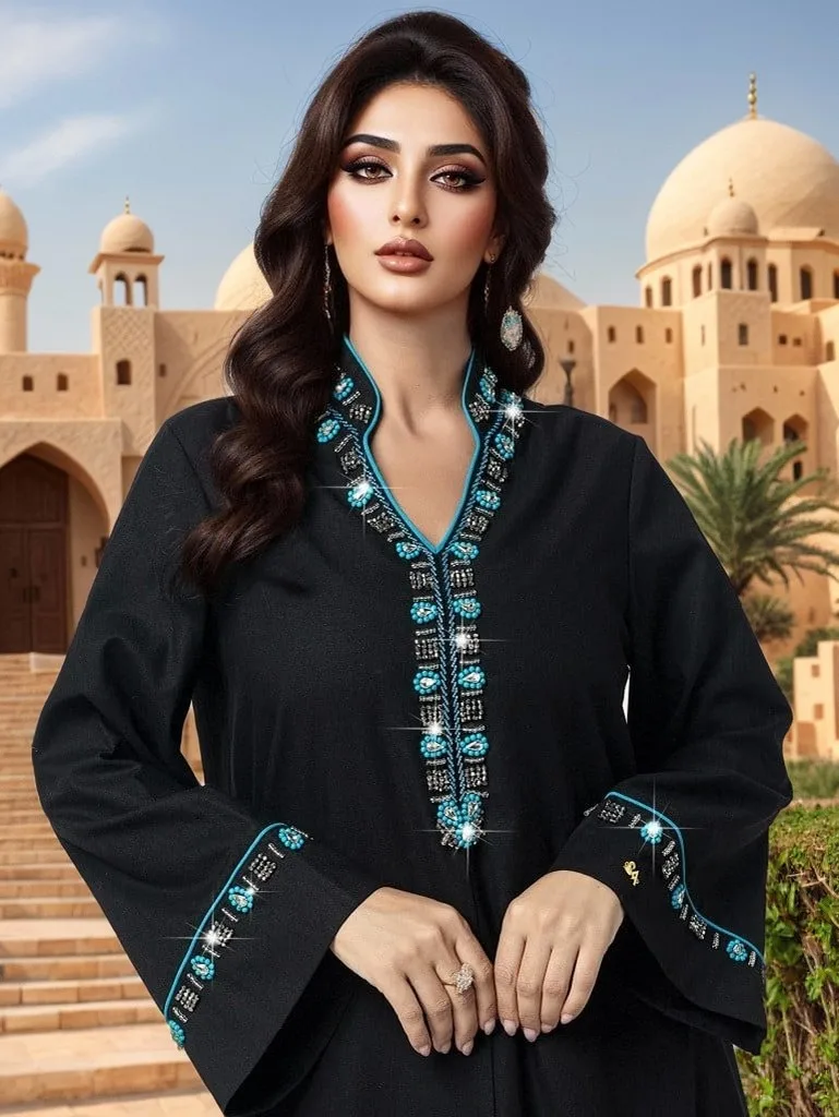 Ramadan Islamic Muslim Women's Fashion Saudi Arabia Black Long Dress Splicing Blue Tassel Bead Embroidered Islamic Dress
Ramadan Islamic Muslim Women's Fashion Saudi Arabia Black Long Dress Splicing Blue Tassel Bead Embroidered Islamic Dress