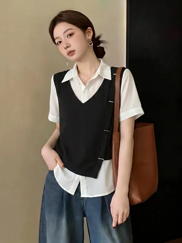 Elegant Short Sleeve Shirt Women's Fashion Korean Style Commute Wind Loose Fit Regular Sleeve Length Collar Top plus Size
Elegant Short Sleeve Shirt Women's Fashion Korean Style Commute Wind Loose Fit Regular Sleeve Length Collar Top plus Size