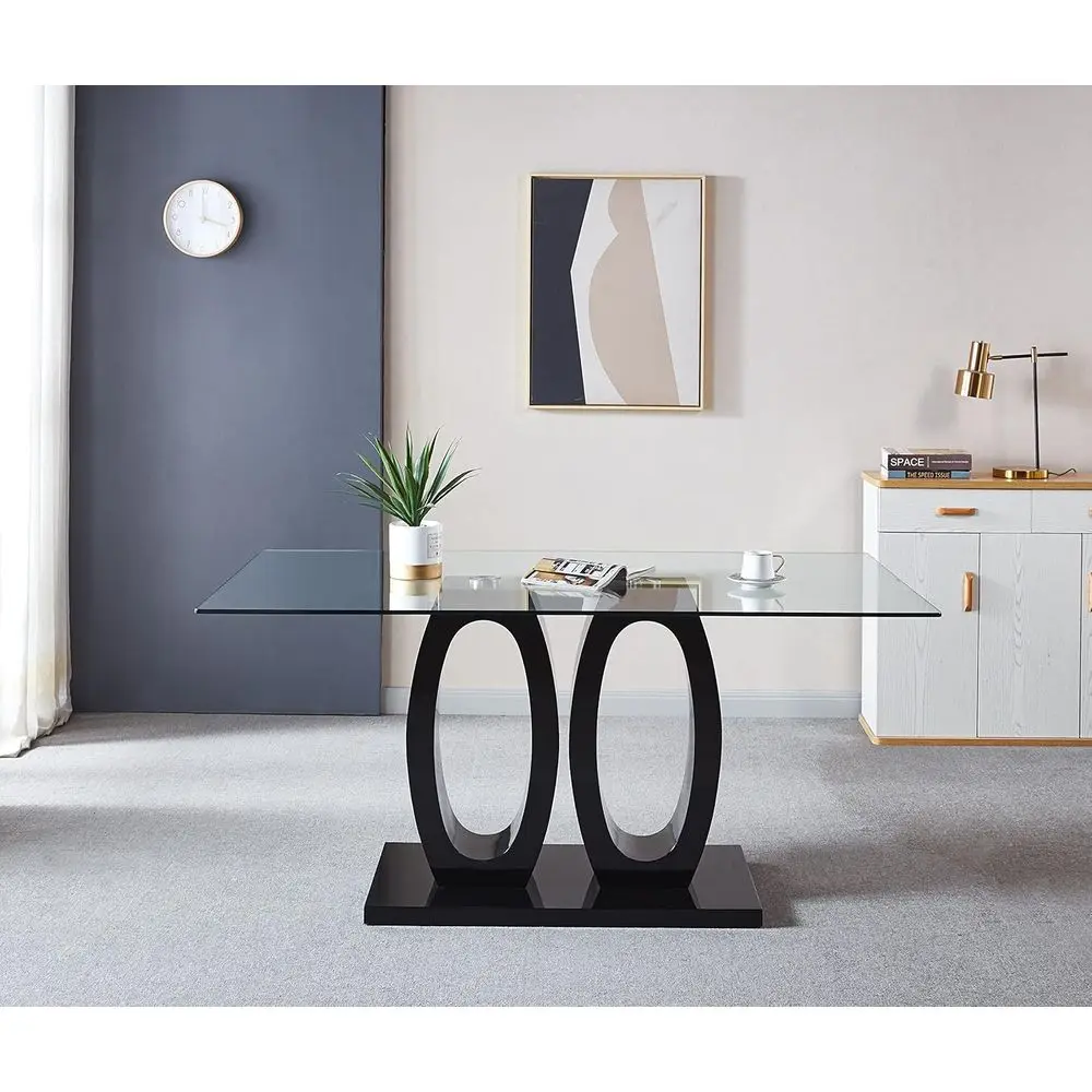 Clear Tempered Glass Dining Table with Dual Black Pedestal for Modern Living Spaces
Clear Tempered Glass Dining Table with Dual Black Pedestal for Modern Living Spaces