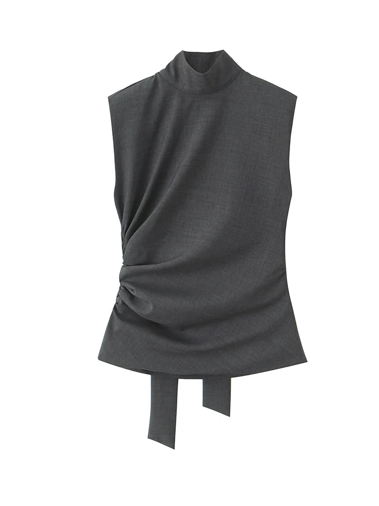 Women Stand Collar Gray Blouses Ruched Slim Tops Back Bow Shirts
Women Stand Collar Gray Blouses Ruched Slim Tops Back Bow Shirts
