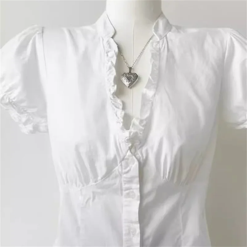 Korean Fashion Crop Blouses Slim Japanese Preppy Summer Shirt Tops White Basic Women Ruffle Shirts Elegant V Neck Short Sleeve
Korean Fashion Crop Blouses Slim Japanese Preppy Summer Shirt Tops White Basic Women Ruffle Shirts Elegant V Neck Short Sleeve