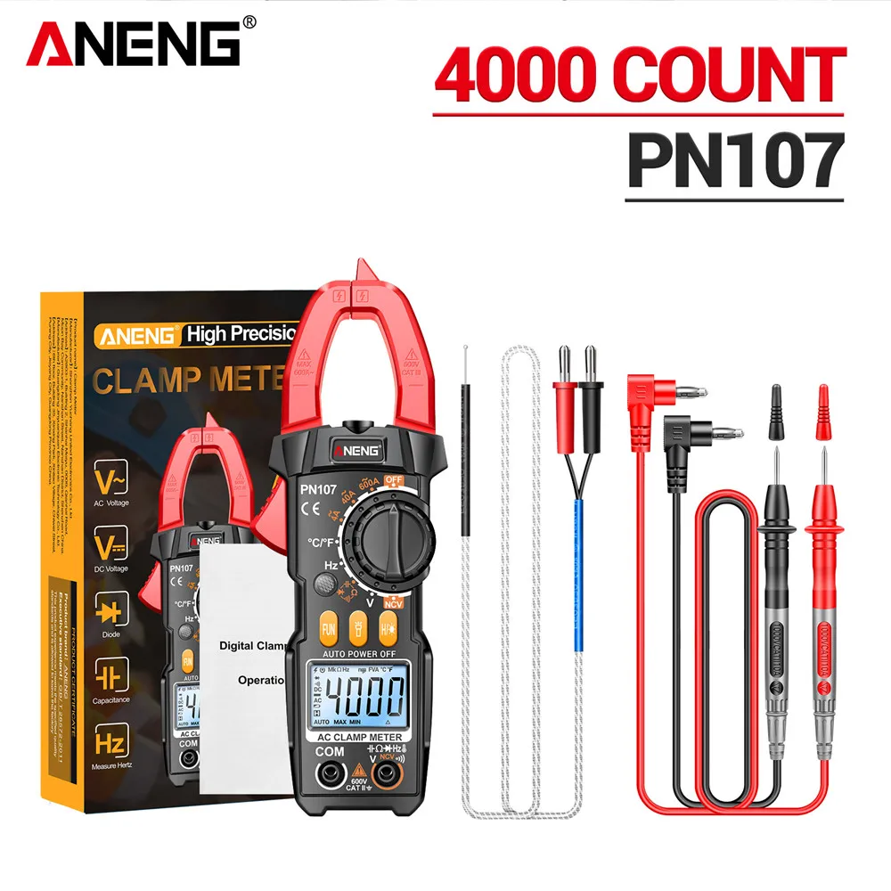 Цифровой мультиметр-клещи ANENG PN107 профессиональный, 600А, для измерения переменного тока, амперметр, вольтметр, с функциями измерения температуры и частоты
Цифровой мультиметр-клещи ANENG PN107 профессиональный, 600А, для измерения переменного тока, амперметр, вольтметр, с функциями измерения температуры и частоты