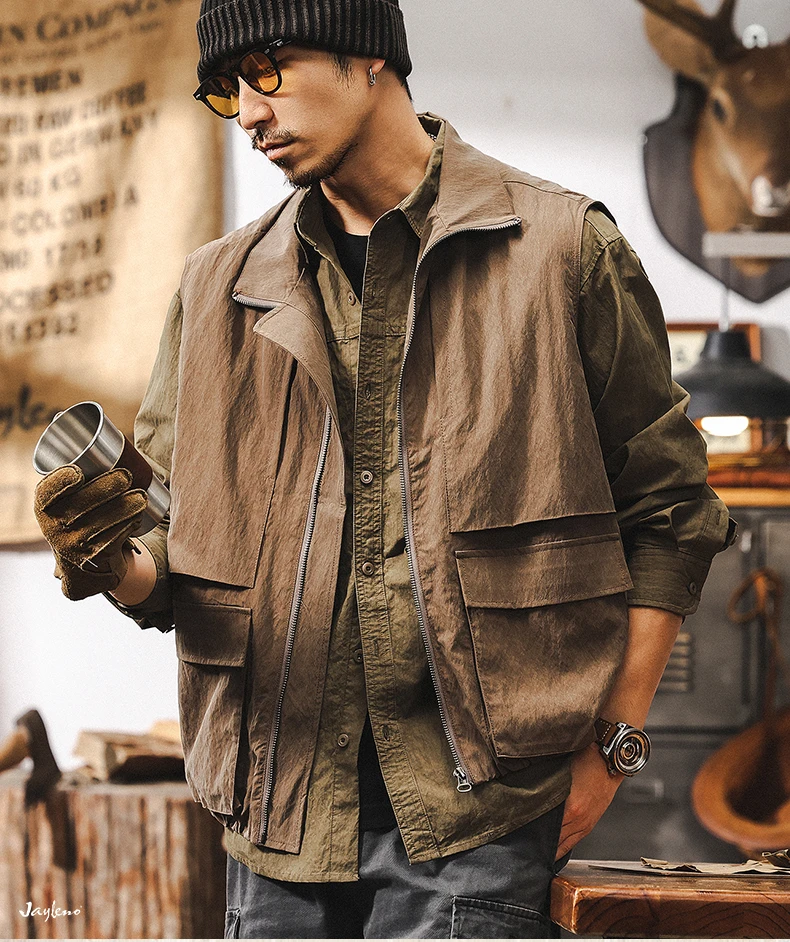 Vest jacket men's solid color thin spring new American trendy retro tooling jacket top zipper loose casual fashion versatile 1Pc
Vest jacket men's solid color thin spring new American trendy retro tooling jacket top zipper loose casual fashion versatile 1Pc