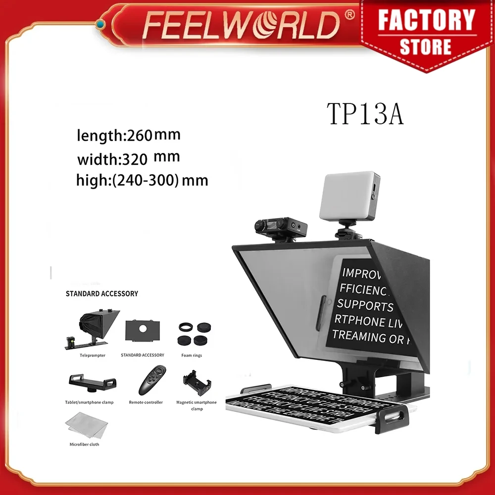 FEELWORLD TP13A Portable 13 Inch Teleprompter Supports Under 13" DSLR Shooting Smartphone/Tablet Prompting Remote
FEELWORLD TP13A Portable 13 Inch Teleprompter Supports Under 13" DSLR Shooting Smartphone/Tablet Prompting Remote