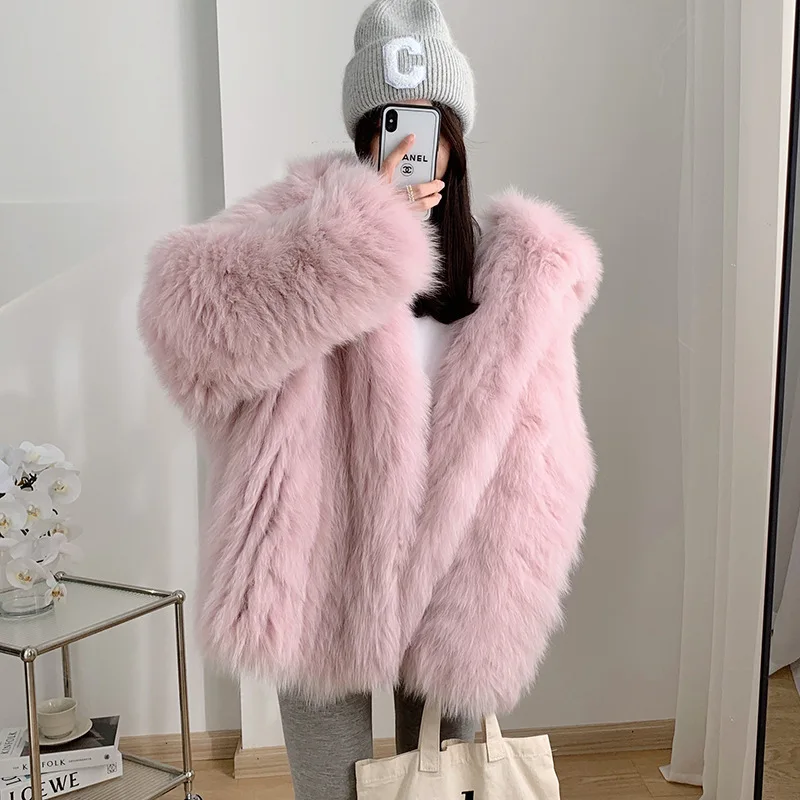 New fox fur double-sided hooded woven fur coat for women's Korean version medium length silhouette slimming coat
New fox fur double-sided hooded woven fur coat for women's Korean version medium length silhouette slimming coat