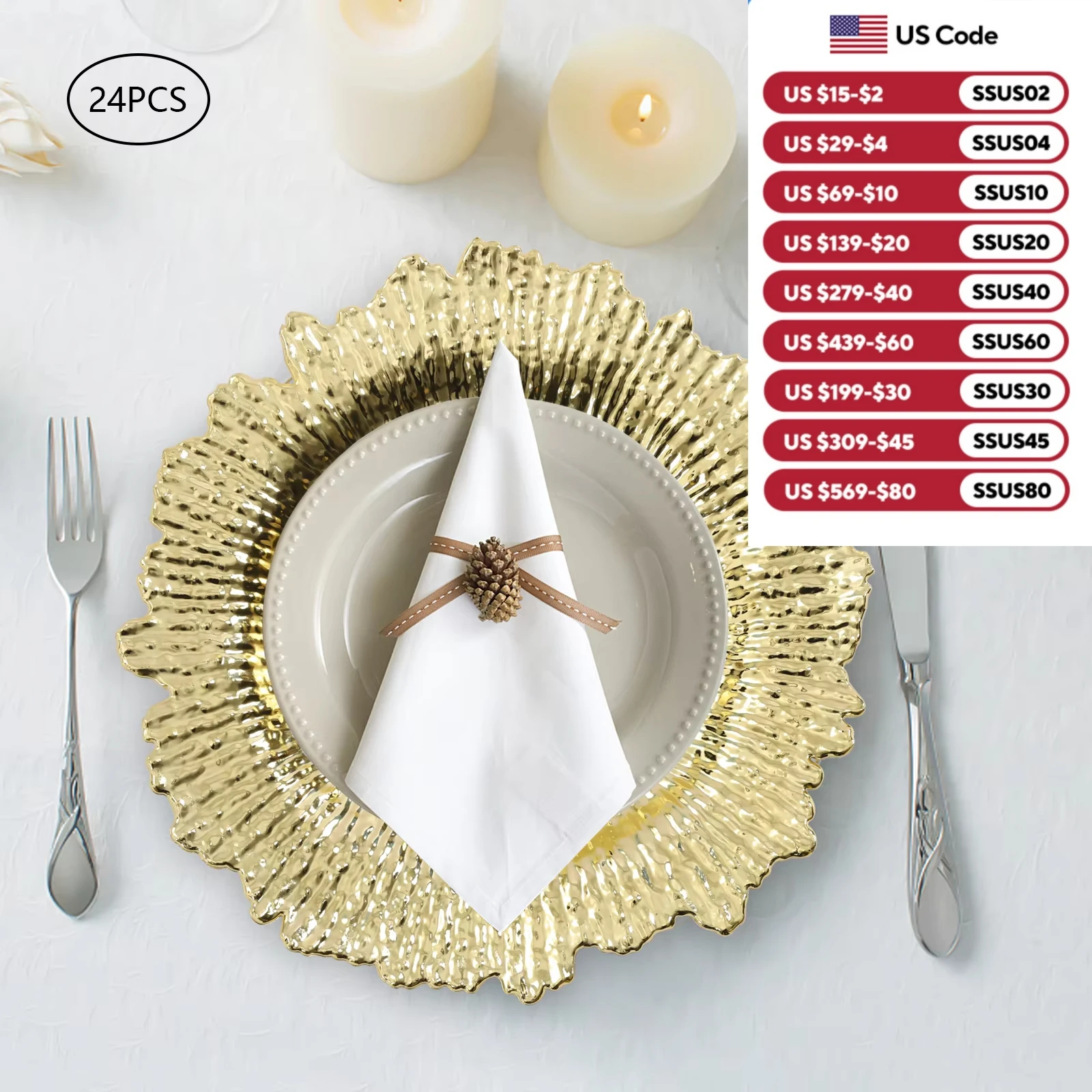 24Pcs Charger Plates 13 inch Round Plastic Reef Plate for Dinner Plates, Wedding, Party Decoration Gold
24Pcs Charger Plates 13 inch Round Plastic Reef Plate for Dinner Plates, Wedding, Party Decoration Gold