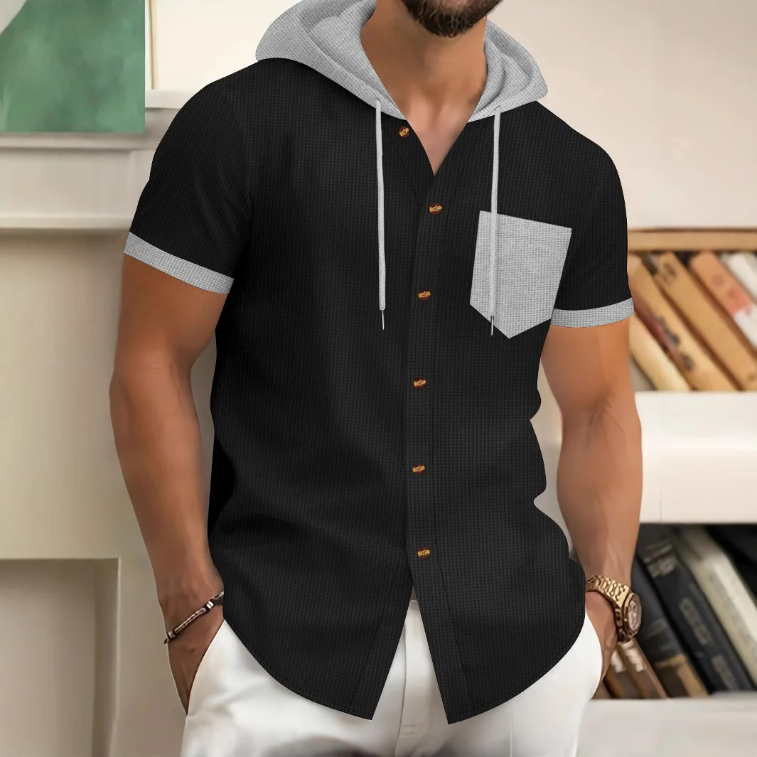 Men Hoodies T-Shirts Waffle Patchwork Drawstring Hooded Button Down Short Sleeve Casual Tops Summer Fashion Shirts
Men Hoodies T-Shirts Waffle Patchwork Drawstring Hooded Button Down Short Sleeve Casual Tops Summer Fashion Shirts