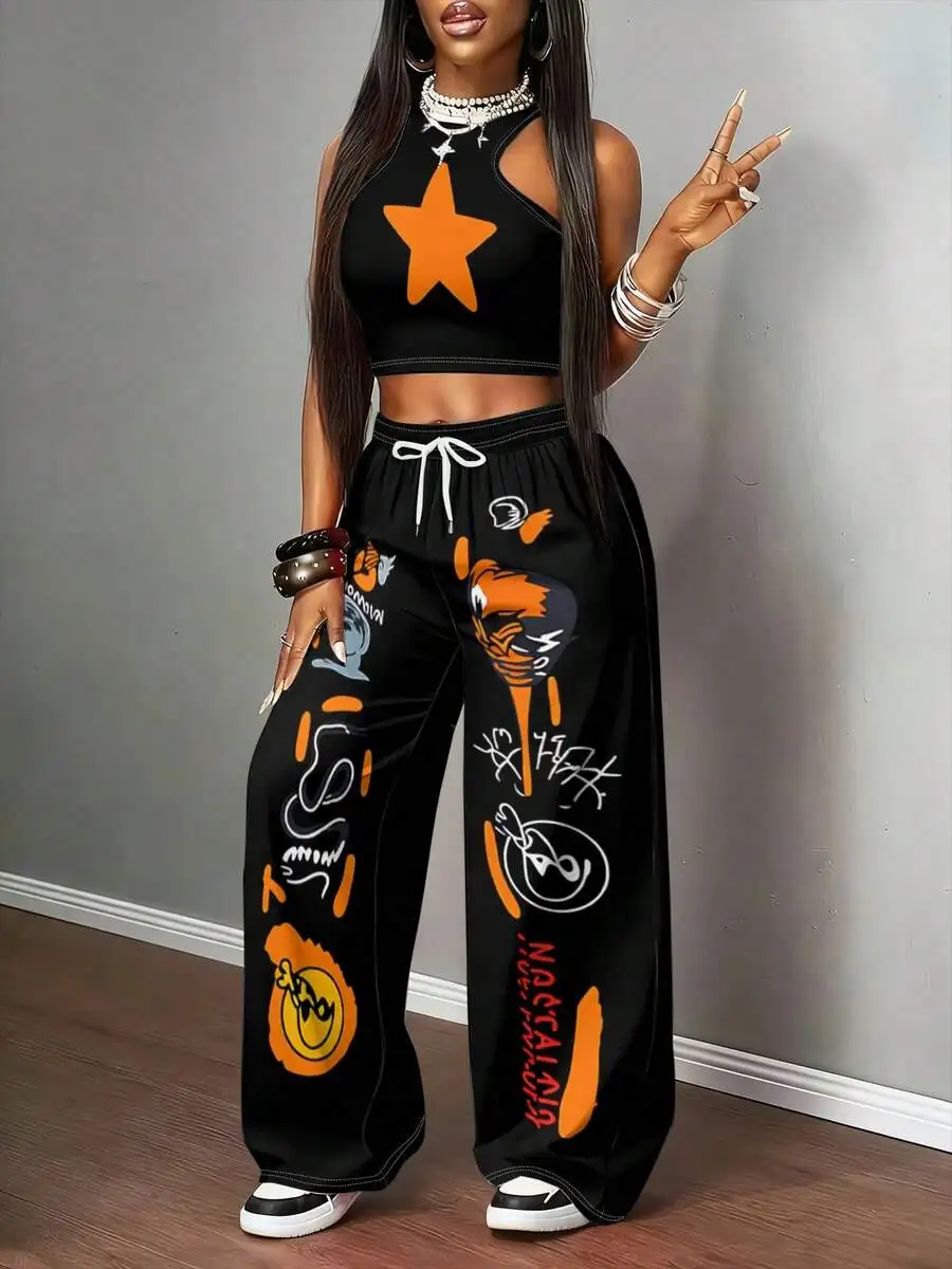 Womens Y2K Retro 2pcs Set Black Orange Star Graffiti Halter Top Wide Leg Pants
Womens Y2K Retro 2pcs Set Black Orange Star Graffiti Halter Top Wide Leg Pants