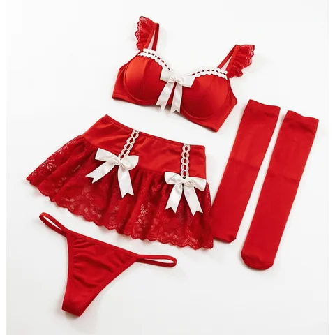Women Red Lace Sexy Lingerie Set And Satin Lingerie Set Bow Front Strappy Cutout Bra and Thong with Stockings Romantic Nightwear
