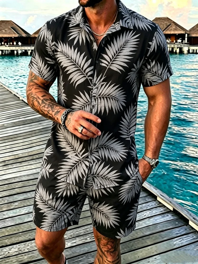 Men's Short Sleeve Lapel Shirt & Shorts Set, Loose Comfort Palm Leaf Print Casual Summer Outfit
Men's Short Sleeve Lapel Shirt & Shorts Set, Loose Comfort Palm Leaf Print Casual Summer Outfit