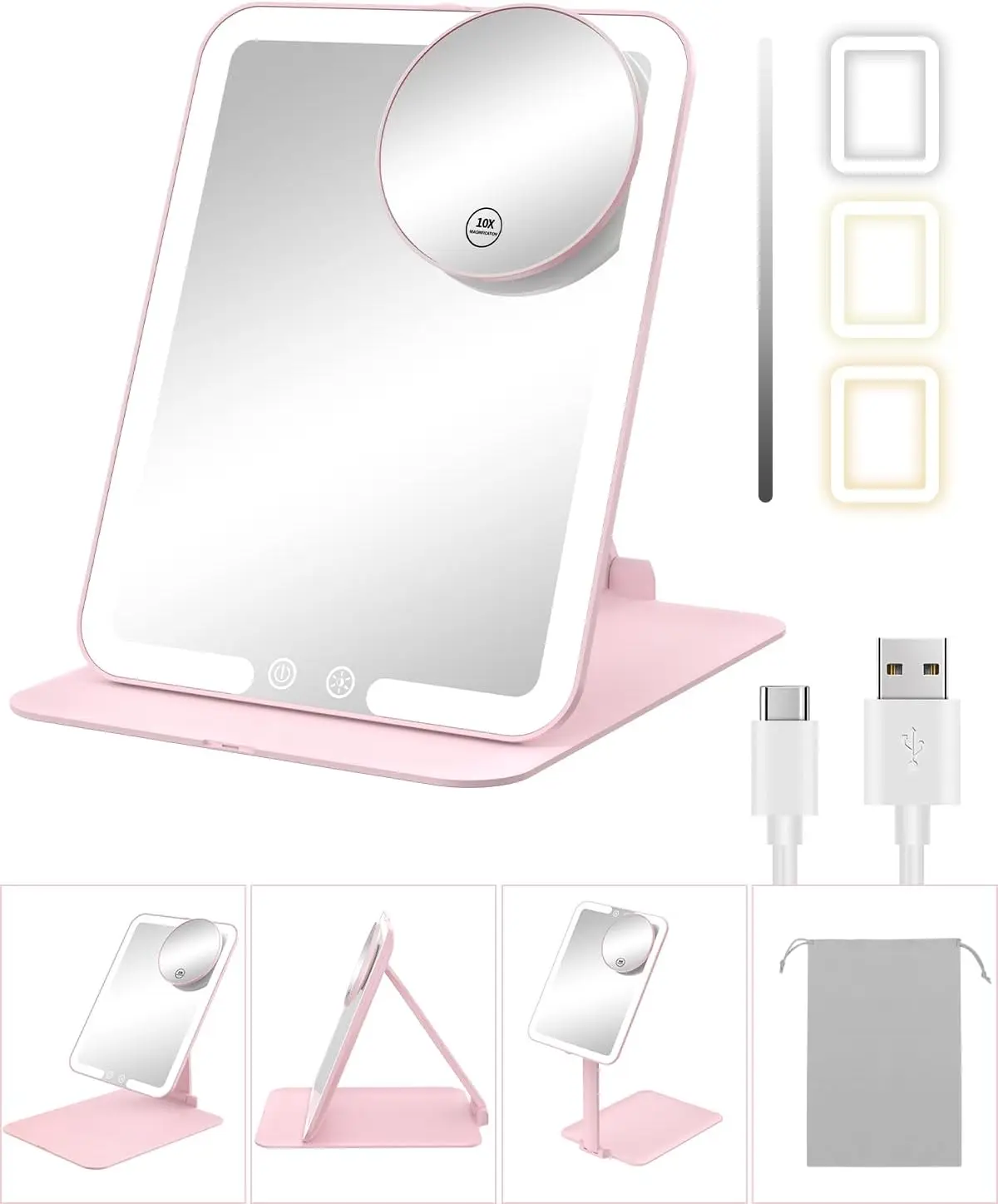 Перезаряжаемое светодиодное зеркало для макияжа — 10-кратное увеличение, 3 режима освещения, регулируемая подставка (розовое)
Перезаряжаемое светодиодное зеркало для макияжа — 10-кратное увеличение, 3 режима освещения, регулируемая подставка (розовое)