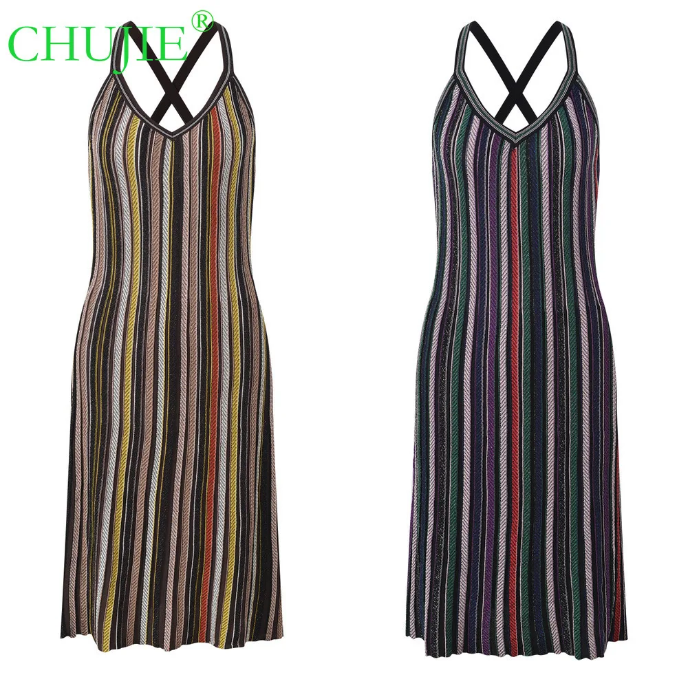 CHUJIE 2025 Autumn Winter New Color-Block Striped Elegant Fashion Slim Fit V-Neck Sexy Spaghetti Strap Knitted Dress
CHUJIE 2025 Autumn Winter New Color-Block Striped Elegant Fashion Slim Fit V-Neck Sexy Spaghetti Strap Knitted Dress