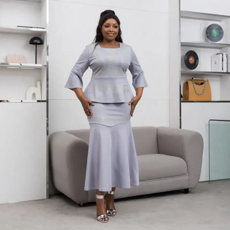 Spring Autumn African 3/4 Sleeve Polyester Gray Navy Blue 2 Pieces Sets Top Long Skirt Matching Sets African Clothes for Women
Spring Autumn African 3/4 Sleeve Polyester Gray Navy Blue 2 Pieces Sets Top Long Skirt Matching Sets African Clothes for Women