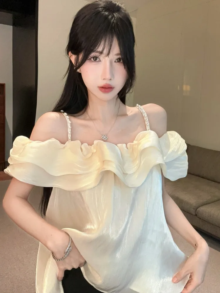 Elegant Sweet Girl Style Ultra-Fairy Wave One-Shoulder Strap Top Korean Loose Fit Thin Summer Mid-Length Pure Color
Elegant Sweet Girl Style Ultra-Fairy Wave One-Shoulder Strap Top Korean Loose Fit Thin Summer Mid-Length Pure Color