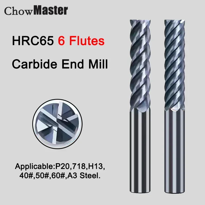 Chowmaster HRC65 6 Flutes Carbide Mold Frame Milling Cutter Coated 6 8 10 12 16 20mm Shank 6 Teeth Tungsten Steel End Mill
Chowmaster HRC65 6 Flutes Carbide Mold Frame Milling Cutter Coated 6 8 10 12 16 20mm Shank 6 Teeth Tungsten Steel End Mill