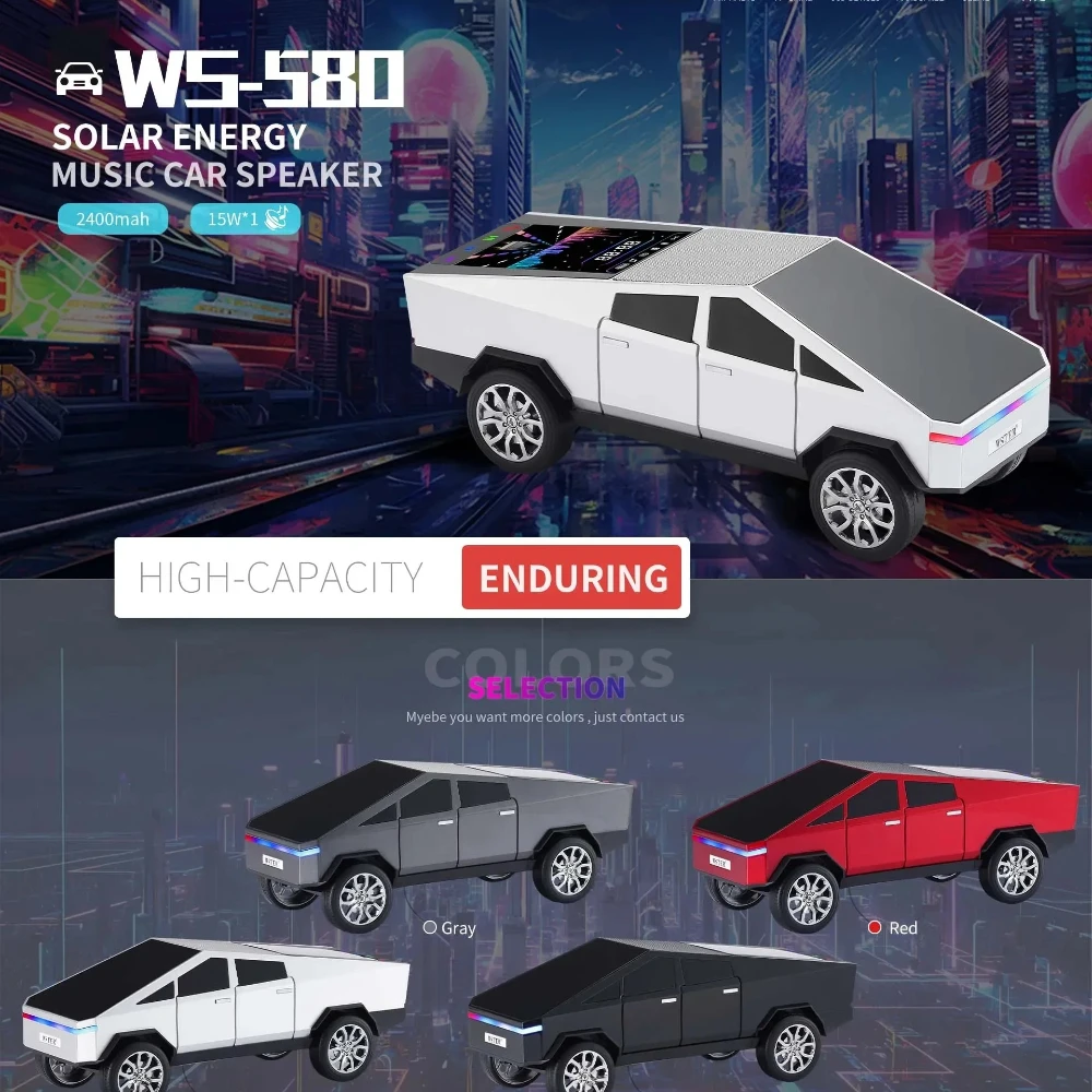 WS-580 Новые беспроводные Bluetooth-колонки в форме автомобиля Cybertruck с TF USB FM TWS Селфи LED Красочный свет Тип C Зарядка
WS-580 Новые беспроводные Bluetooth-колонки в форме автомобиля Cybertruck с TF USB FM TWS Селфи LED Красочный свет Тип C Зарядка
