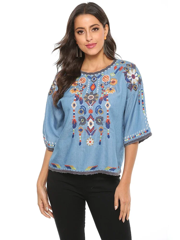 KHALEE YOSE Vintage Floral Embroidery Blouse Shirt Blue Denim Summer Mexican Shirt Women Holiday Casual 23XL Ethnic Shirt Tops
KHALEE YOSE Vintage Floral Embroidery Blouse Shirt Blue Denim Summer Mexican Shirt Women Holiday Casual 23XL Ethnic Shirt Tops