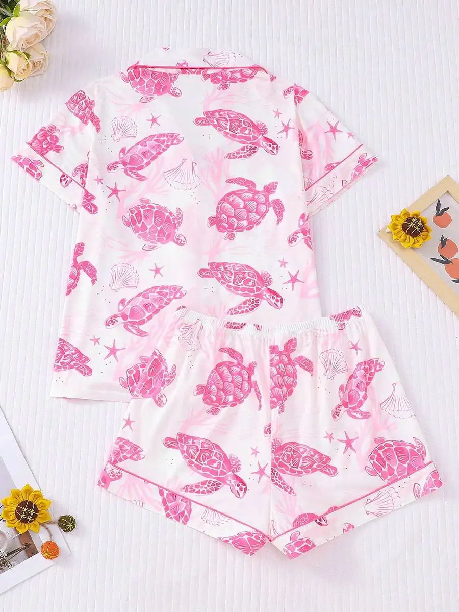 Women 2 Piece Pajama Set Sea Turtle Print Short Sleeve Top And Elastic Waist Shorts
Women 2 Piece Pajama Set Sea Turtle Print Short Sleeve Top And Elastic Waist Shorts