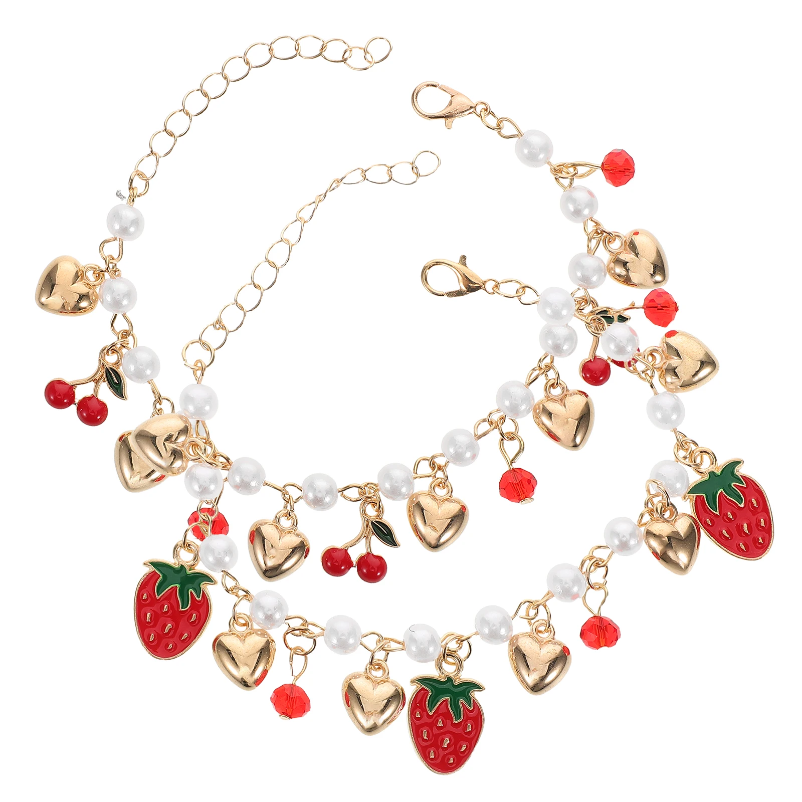 2pcs Pearl Heart Bracelet Alloy Ladies Jewelry Girls Fashion Strawberry Fruit Charm Bracelets Women Wear
2pcs Pearl Heart Bracelet Alloy Ladies Jewelry Girls Fashion Strawberry Fruit Charm Bracelets Women Wear