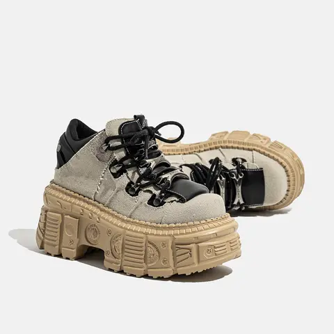 2025 New Retro Contrast Color Heavy Metal Platform Thick Bottom Female Gothic Denim Lace-up Tank High Top Punk Shoes Women