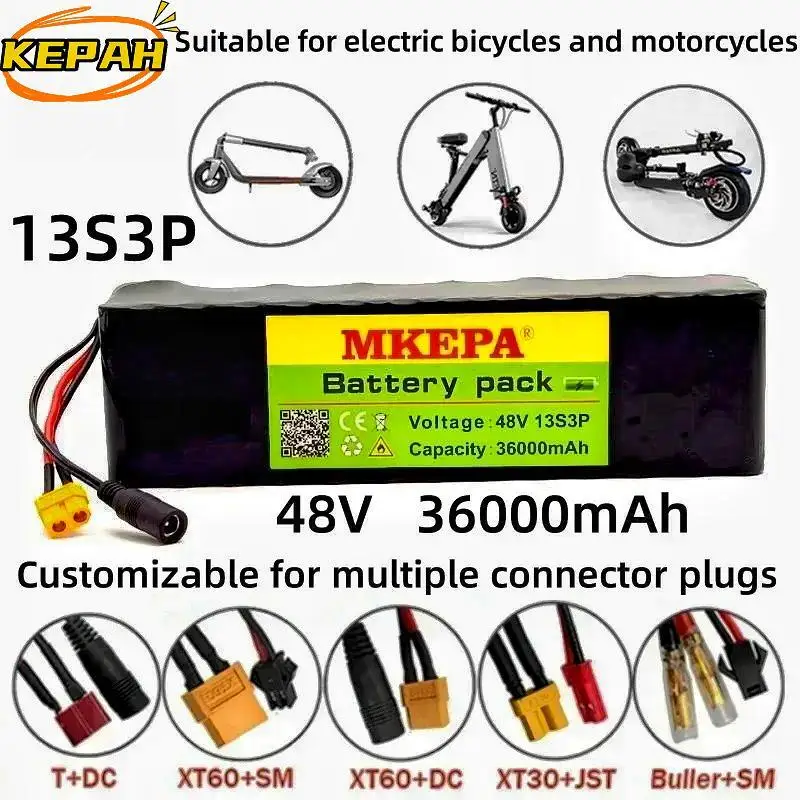 48v36Ah1000W 13S3P lithium-ion battery pack with customizable interface to replace 54.6V electric bicycles and scooters with BMS
48v36Ah1000W 13S3P lithium-ion battery pack with customizable interface to replace 54.6V electric bicycles and scooters with BMS