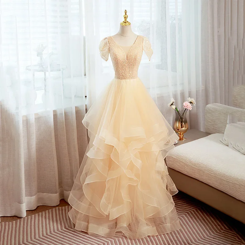 Customized Evening Dress Yellow Beads V-Neck Short Sleeves A-Line Lace Up Floor Length Plus Size Women party Formal Gowns B2434
Customized Evening Dress Yellow Beads V-Neck Short Sleeves A-Line Lace Up Floor Length Plus Size Women party Formal Gowns B2434