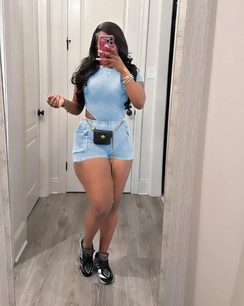 Women Washed Ribbed Solid 2 Piece Set O-neck Short Sleeve Bodysuits Tops + Pockets Cargo Shorts Slim Summer Streetwear Suits 
Women Washed Ribbed Solid 2 Piece Set O-neck Short Sleeve Bodysuits Tops + Pockets Cargo Shorts Slim Summer Streetwear Suits