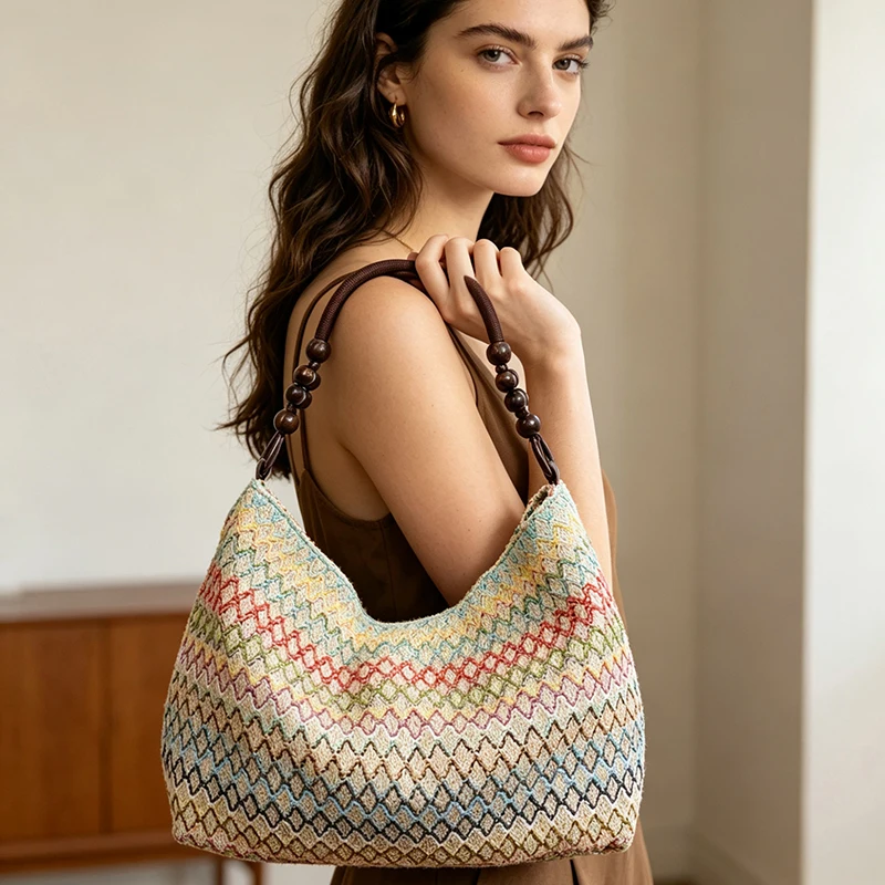 Tiptoegirls Bohemian Colorful Woven Tote ag with Wooden Bead Handle Large Capacity Summer Beach Shoulder Bag & Handbag for Women
Tiptoegirls Bohemian Colorful Woven Tote ag with Wooden Bead Handle Large Capacity Summer Beach Shoulder Bag & Handbag for Women