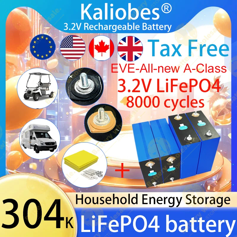 New A-Class EVE-3.2V 304Ah LiFePO4 battery 8000 cycle for diy 12v 24v 36V 48V 310Ah Solar energy storage RV Solar Panel caravan
New A-Class EVE-3.2V 304Ah LiFePO4 battery 8000 cycle for diy 12v 24v 36V 48V 310Ah Solar energy storage RV Solar Panel caravan