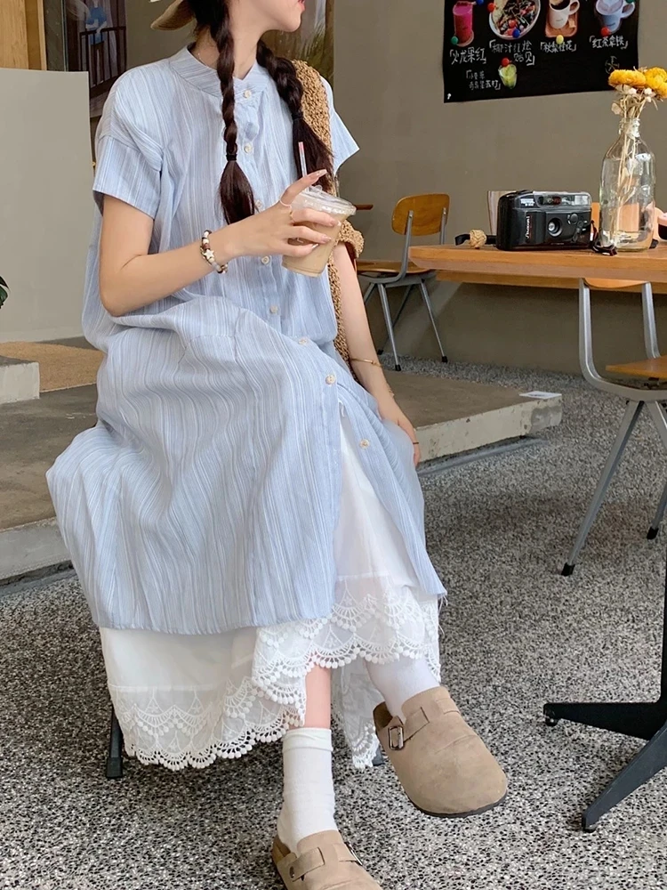 Blue Striped Short Sleeve Dress Shirt Women Summer New Korean Style Loose Midi Two Piece Set Casual Comfortable Fashionable
Blue Striped Short Sleeve Dress Shirt Women Summer New Korean Style Loose Midi Two Piece Set Casual Comfortable Fashionable